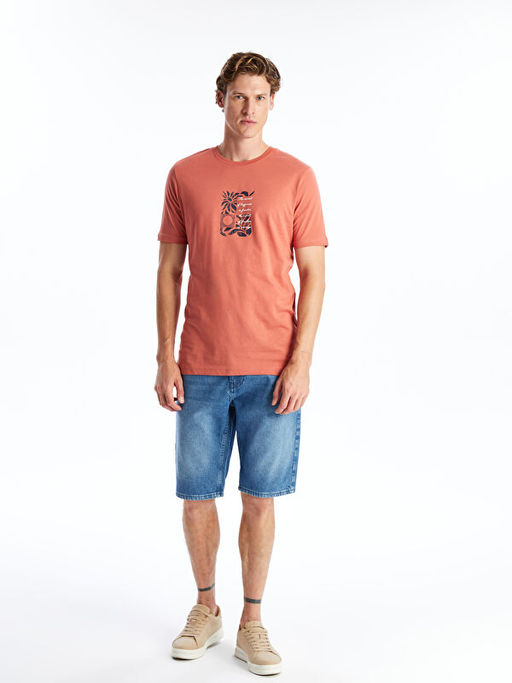 Bisiklet Yaka K?sa Kollu Bask?l? Penye Erkek Ti??rt