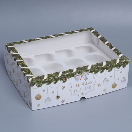 Цена за 4 шт. Коробка складная на 12 капкейков с окном «С Новым годом!» 32.5×25.5×10 см