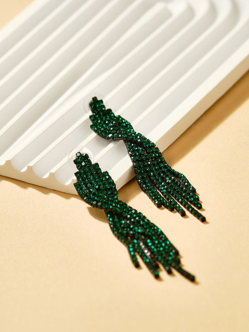 Серьги висячие со стразами Маскарад икс, зелёные, 9 см