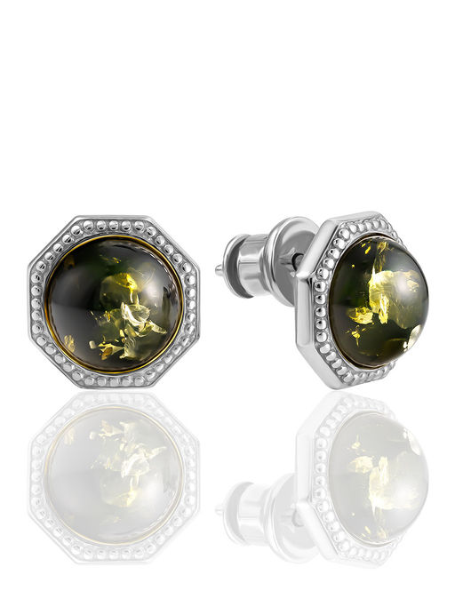 Ажурные серьги-гвоздики с тёмно-зелёным янтарём Шахерезада