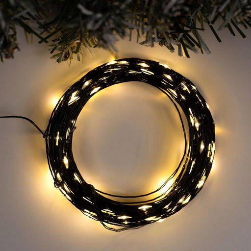 Гирлянда Нить 20 м роса, IP20, чёрная нить, 200 LED, свечение тёплое белое, 12 В