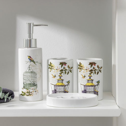 Аксессуары для ванной «Клетка», 4 предмета, дозатор 300 мл, мыльница, 2 стакана, белые