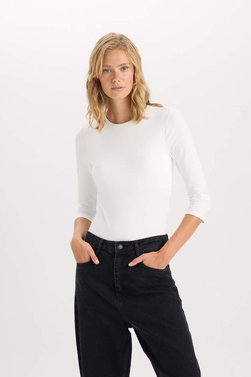 Женская базовая футболка обычного кроя с круглым вырезом и короткими рукавами - Defacto фото 3