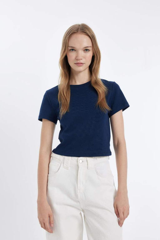 Классная базовая футболка в рубчик с круглым вырезом и короткими рукавами - Defacto фото 2