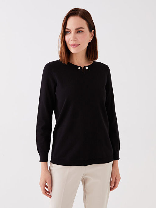 Bisiklet Yaka D?z Uzun Kollu Kad?n Triko Kazak