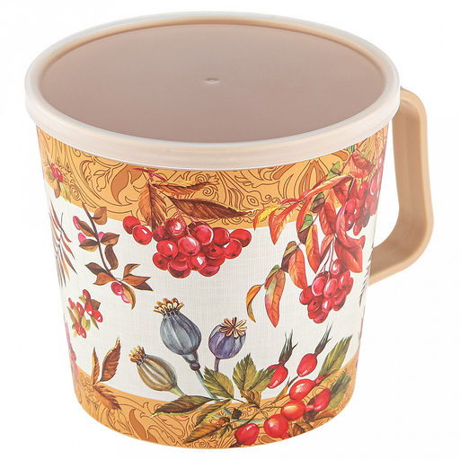 Контейнер-кружка пластмассовый 0,75л, д11,2см, 10,5см, с крышкой, с клапаном, бежевый, с декором, подходит для СВЧ (Россия)
