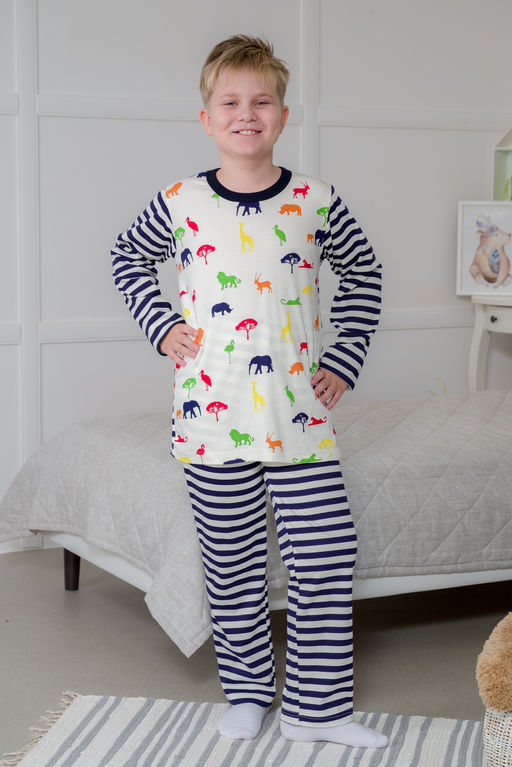 Пижама детская из джемпера и брюк без манжет из интерлока Сафари темно-синий полоса - Амадэль фото 14