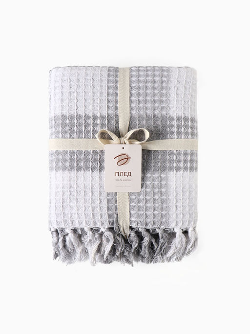 Плед вафельный «Этель. Клетка», 220×240 см, хлопок 100%, светло-серый