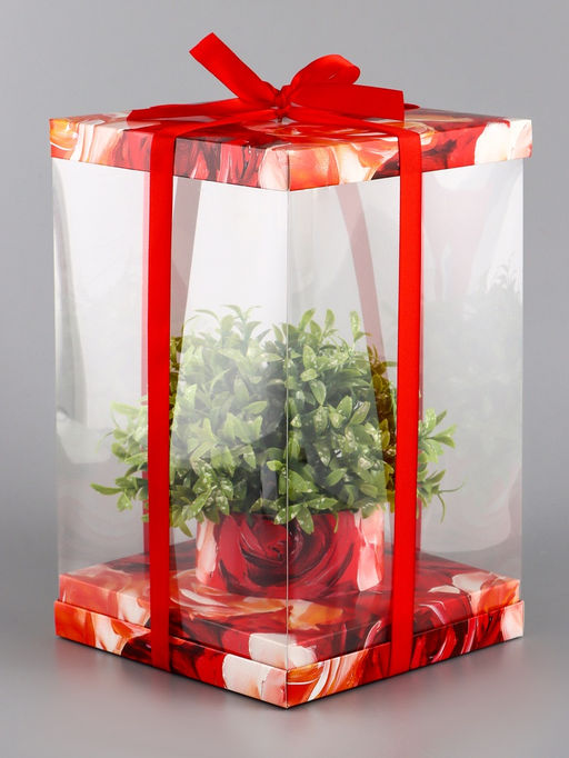 Коробка PVC, для цветов и букетов, с лентой, 28?18?18 см, красный