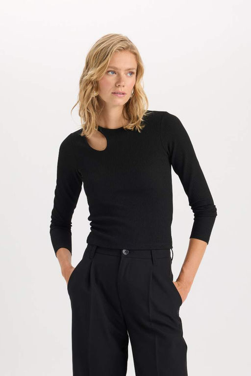 Облегающая футболка с круглым вырезом и длинными рукавами из простой ткани с блестками - Defacto фото 3