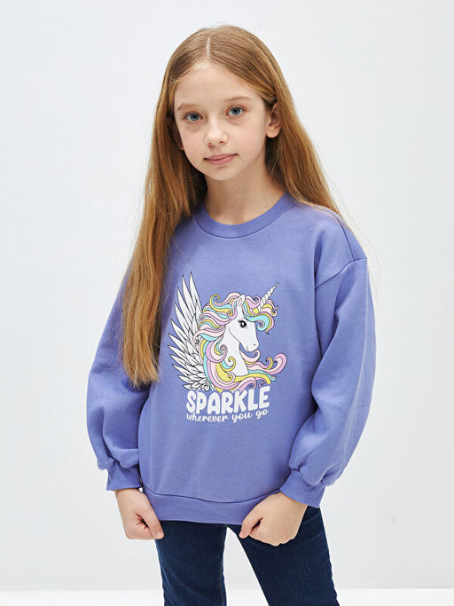 Bisiklet Yaka Bask?l? Uzun Kollu K?z ?ocuk Sweatshirt - Waikiki фото 2