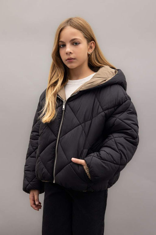 Водоотталкивающий двусторонний стеганый пуховик с капюшоном и застежкой-молнией для девочек - Defacto фото 3