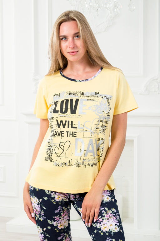 Пижама женская домашний из футболки и бридж Букетик желтый темно-синий с принтом LOVE - Амадэль фото 9