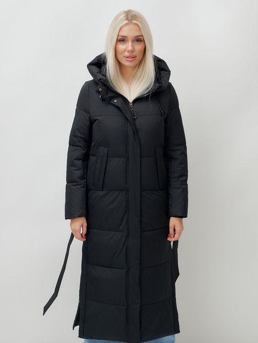 Пальто утепленное стеганное зимнее с капюшоном женское черного цвета 9605Ch - Mtforce фото 12