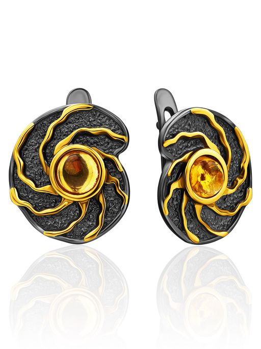 Круглые серьги из чернёного серебра с натуральным янтарём Ракушка