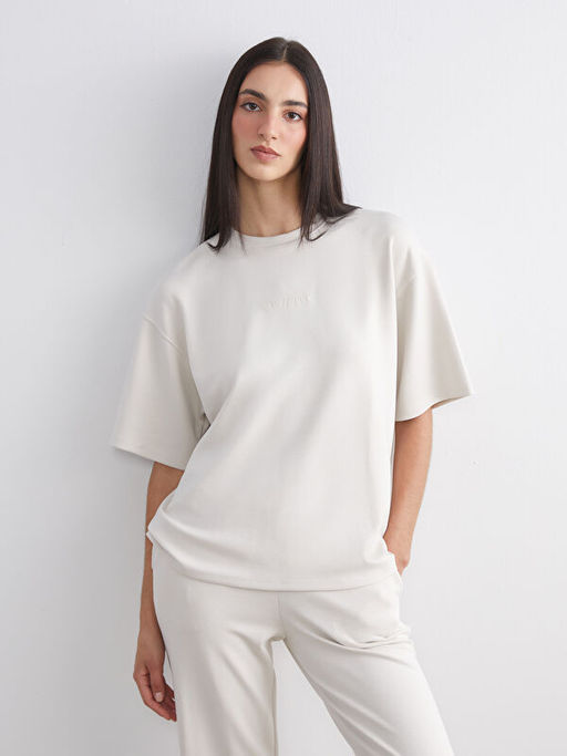 Bisiklet Yaka Nak??l? Oversize Kad?n Ti??rt