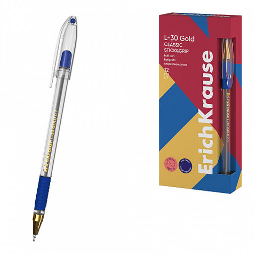 АКЦИЯ Цена за 12 шт. Ручка шариковая ErichKrause L-30 Gold Stick&Grip Classic 0.7, Super Glide Technology, цвет чернил черный (в коробке по 12 шт.)  фото 2