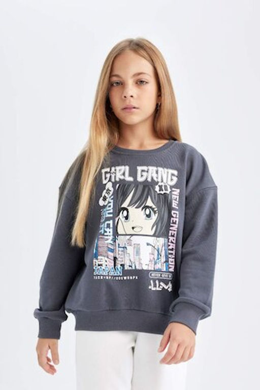 Толстовка оверсайз с круглым вырезом для девочек с принтом - Defacto фото 4