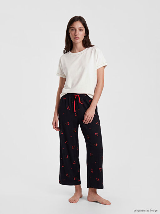Beli Lastikli Desenli Kad?n Kapri Pijama Alt?