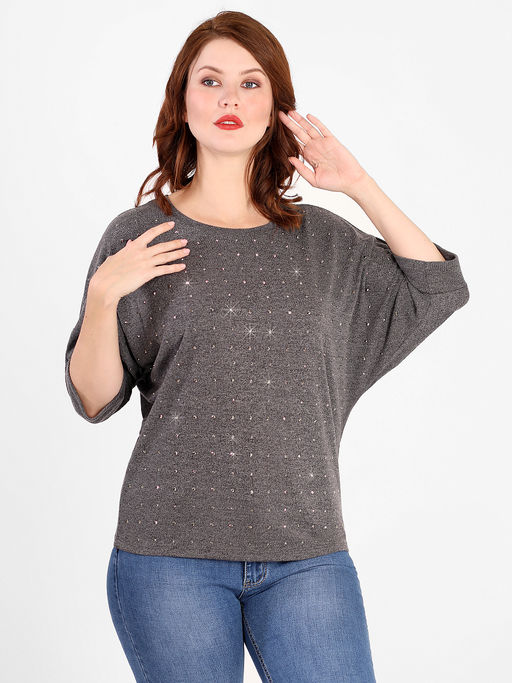 Блузка трикотажная женская серая с крупными стразами - Almond фото 2