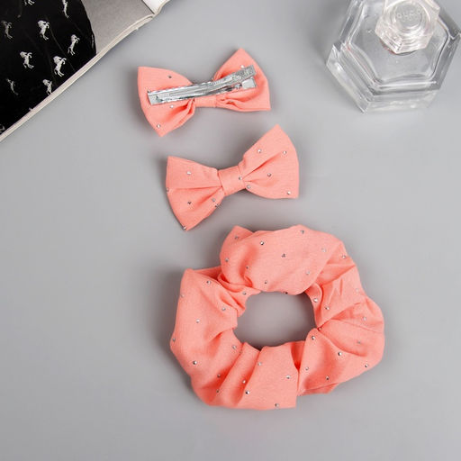 Цена за 2 шт. Набор для волос «Фелиция», резинка 7 см, 2 зажима 6.5 см, блеск, персиковый