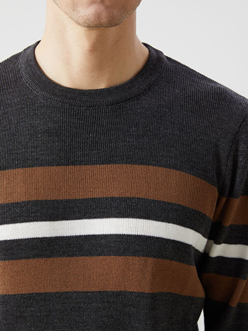 Bisiklet Yaka Uzun Kollu ?izgili Erkek Triko Kazak