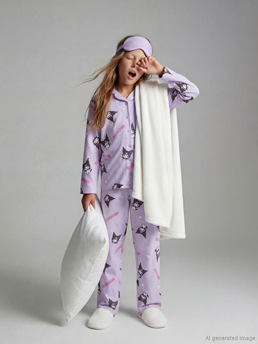 G?mlek Yaka Kuromi Bask?l? K?z ?ocuk Pijama Tak?m?