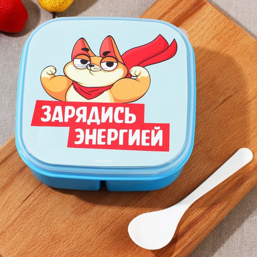 Ланч - бокс квадратный с секциями и ложкой «Зарядись энергией», 14.5×6 см