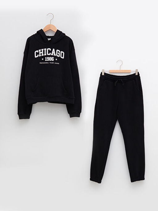 Kap??onlu Bask?l? Uzun Kollu Oversize K?z ?ocuk Sweatshirt ve E?ofman Alt?