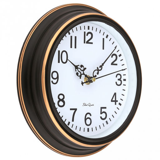 Часы настенные "Авеню" д19-22,5см, h4см, мягкий ход, циферблат белый; цифры арабские, черный; корпус пластик, черный, полоски медного цвета; в коробке (Китай)
