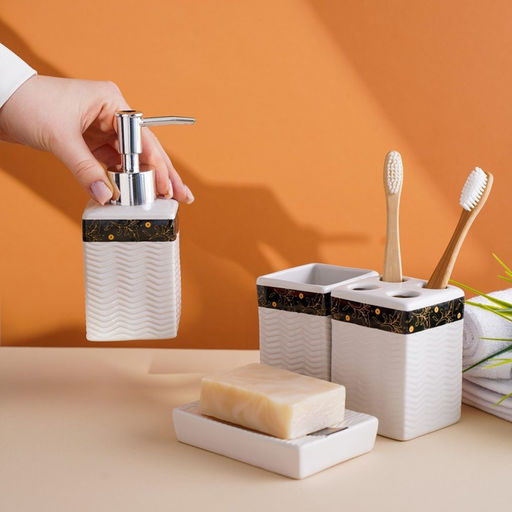 Аксессуары для ванной Золотой лист, 4 предмета: дозатор 250 мл, мыльница, 2 стакана, белые - Simaland фото 5