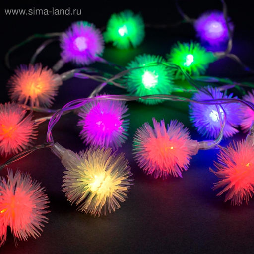 Гирлянда Нить 3 м с насадками Ёжики, IP20, прозрачная нить, 20 LED, свечение мульти (RG/RB), мигание, USB