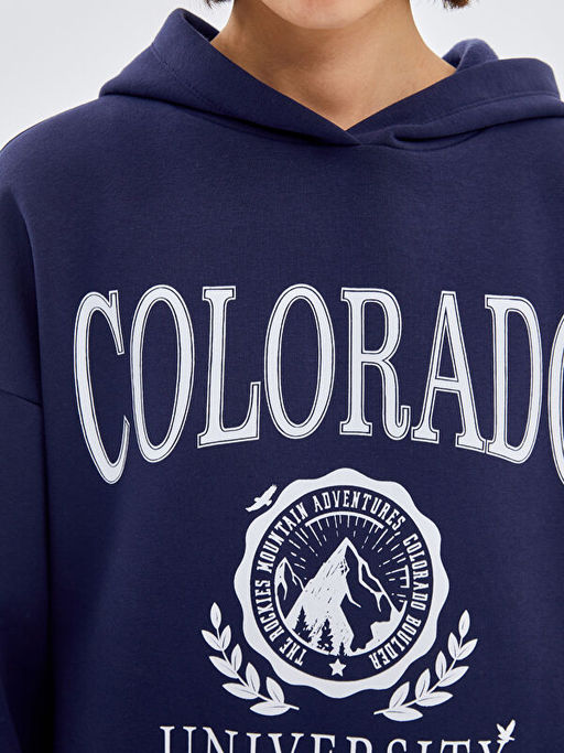 Kap??onlu Bask?l? Oversize Kad?n Kal?n Sweatshirt Tunik