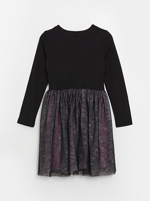 Bisiklet Yaka Bask?l? Uzun Kollu K?z ?ocuk Elbise