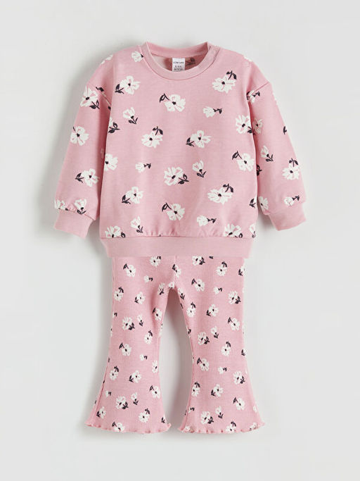 ?i?ek Bask?l? K?z ?ocuk Sweatshirt ve Tayt Tak?m 2li