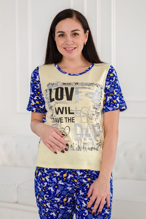 Пижама женская домашний интерлок из футболки и бридж LOVE единорог на синем