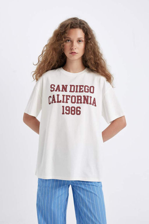 Широкая футболка Oversize с круглым вырезом и короткими рукавами с принтом - Defacto фото 3