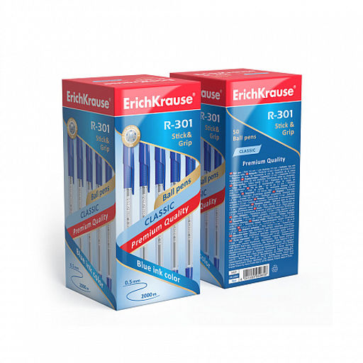 Цена за 50 шт. Ручка шариковая ErichKrause R-301 Stick&Grip Classic 1.0, цвет чернил красный (в коробке по 50 шт.)