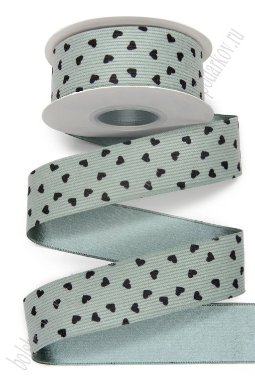 Лента вельвет/атлас "Сердечки" 3,8 см*10 ярд (SF-8058) пыльно-аквамариновый №6
