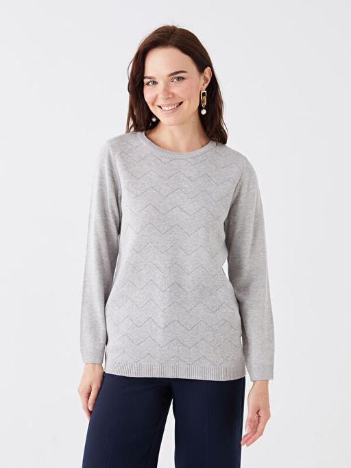 Bisiklet Yaka Kendinden Desenli Uzun Kollu Kad?n Triko Kazak