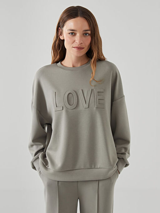 Bisiklet Yaka Bask?l? Kad?n Sweatshirt