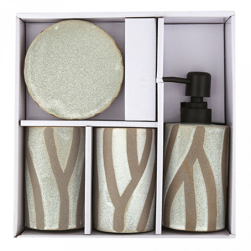 Набор для ванной "Шале" 4 предмета: дозатор для мыла 380мл, д7см, h17см; мыльница д10,4см, h3см; стакан 310мл, д6,8см, h11см - 2шт, фурнитура пластик, керамика шамот, бежево-оливковый, в коробке (Китай)