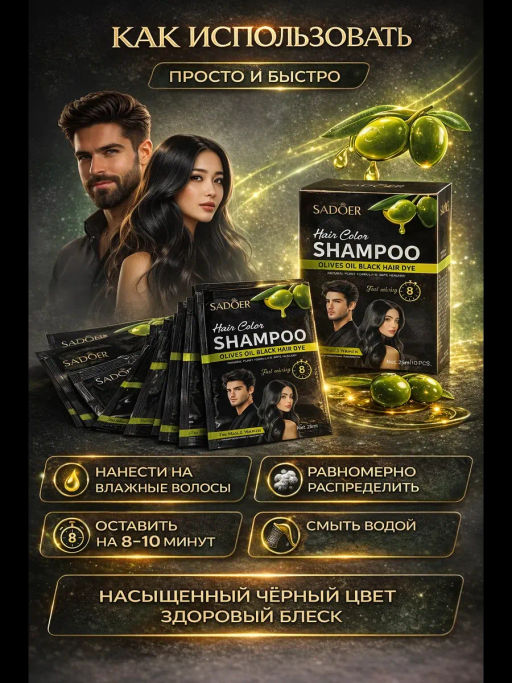 Краска для волос шампунь 2в1 (черный с оливковым маслом) - Sadoer фото 5