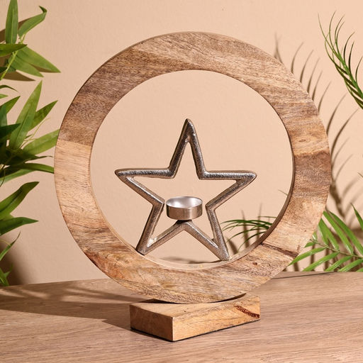 Подсвечник в деревянном кольце «Звезда», 30×8×33 см