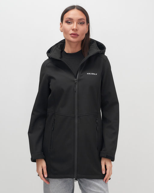 Парка спортивная женская с капюшоном softshell черного цвета 9568Ch