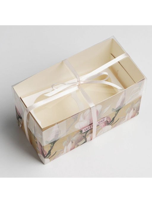 Цена за 5 шт. Коробка для капкейков, кондитерская упаковка, 2 ячейки «Магнолии», 16 х 8 х 10 см