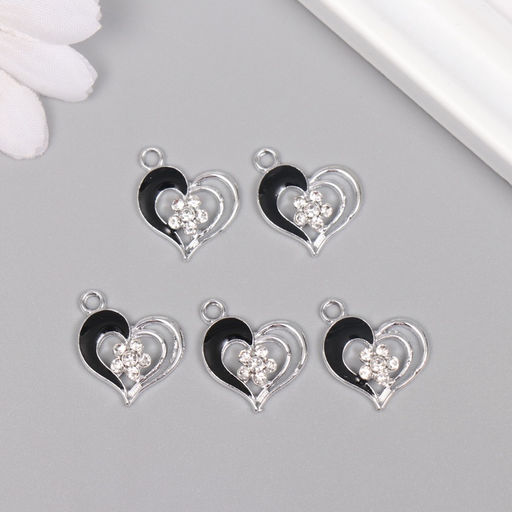 Цена за 5 шт. Декор для творчества металл, стразы «Сердце с цветочком», серебро, чёрный, 2×1.7×0.3 см