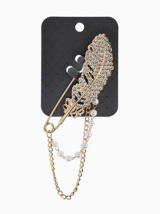 Булавка «Перо с цепочкой и жемчугом», в стразах, L=7.5 см, белая в золоте