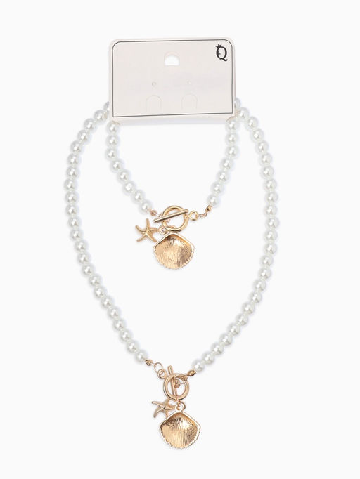 Набор 2 предмета: бусы. браслет «Жемчуг. Ракушка вонголе», L=18/42 см, №8, белый в золоте