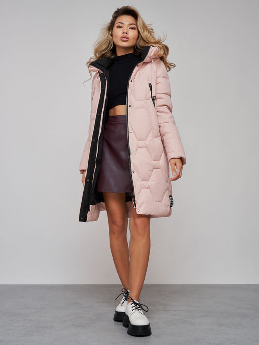 Пальто утепленное молодежное зимнее женское розового цвета 589899R - RoccaManer фото 20